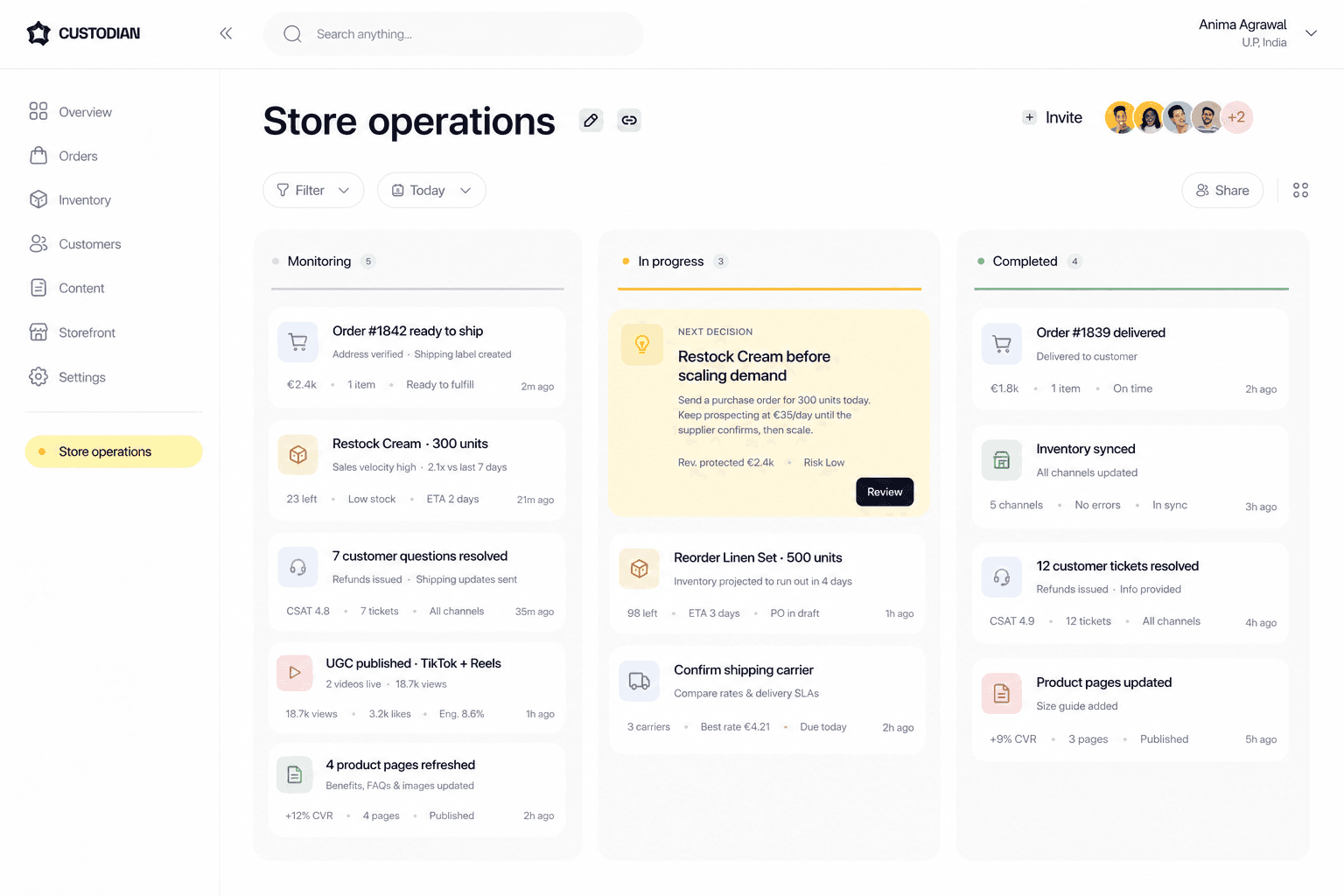 Custodian store operations dashboard showing completed work and one approval