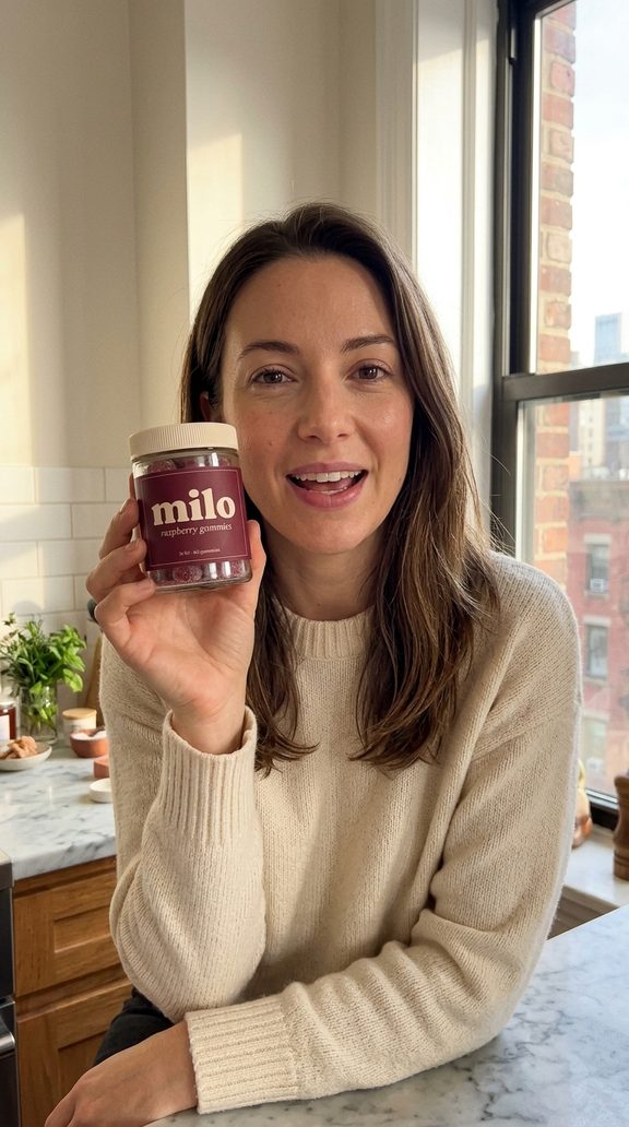 An AI actor holding the milo jar in a New York kitchen