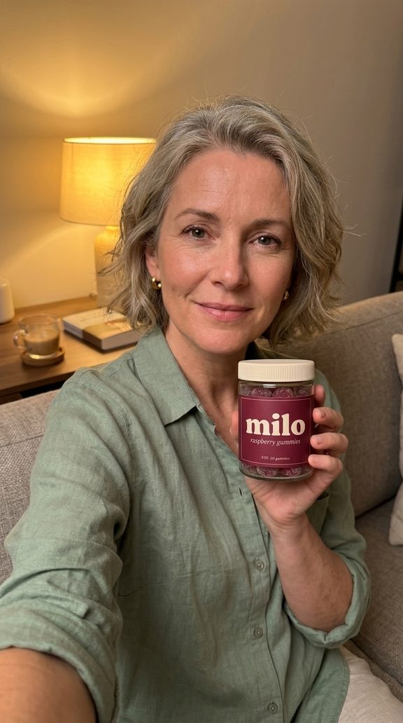 Actrice IA : une femme d’une quarantaine d’années tenant le pot MILO sur un canapé le soir