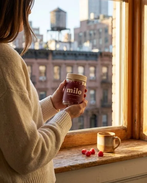 A woman holding the milo jar by a New York apartment window