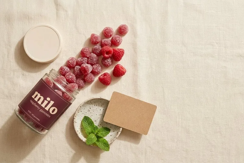 milo jar and raspberry gummies, flat lay